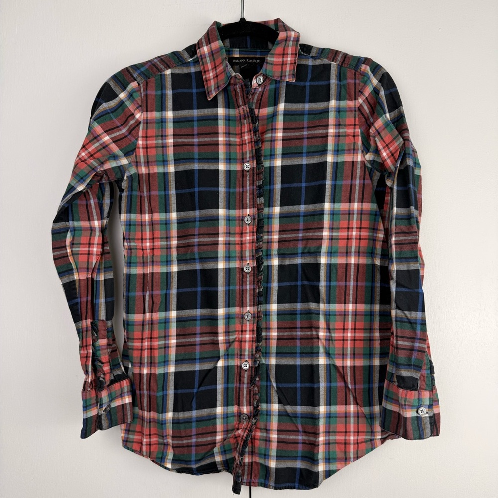 Banana Republic Holiday Plaid Ruffle Button Up Shirt Red Green Women's Size 2